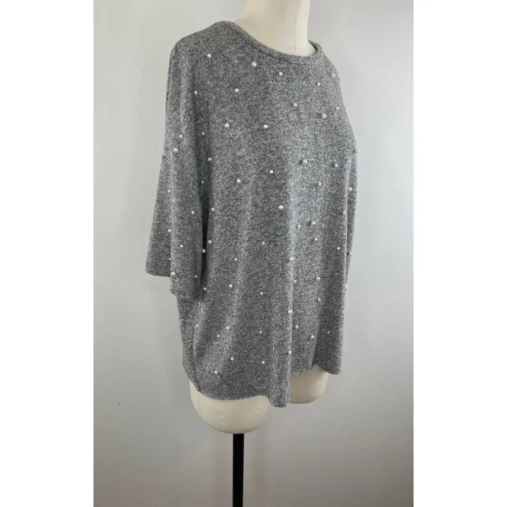 ZARA Trafaluc Gray Pearl Beaded 3/4 Sleeve Crew Neck Pullover Sweater Medium M